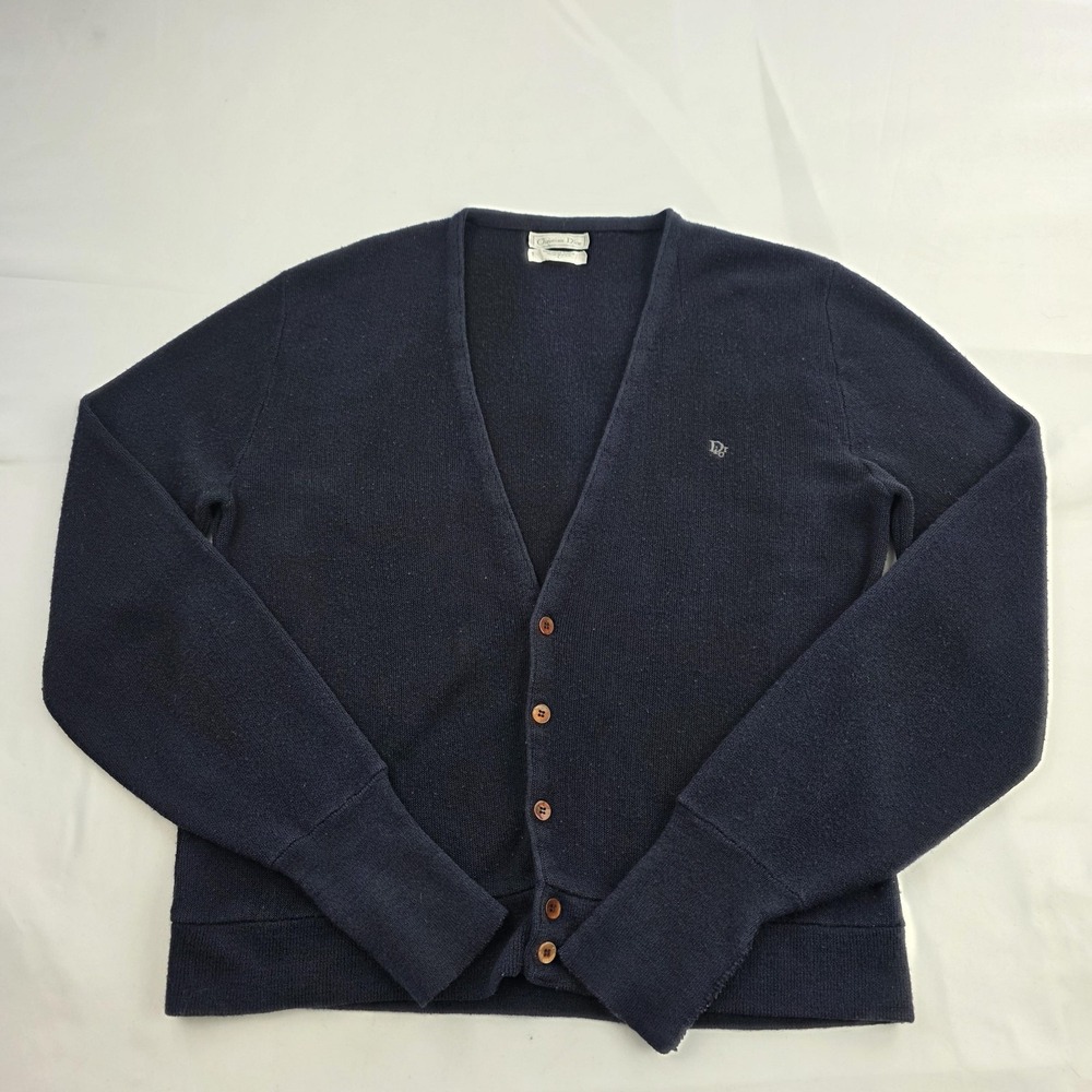 Vintage Christian Dior Sweater Mens Large Blue Acrylic Cardigan Made In USA